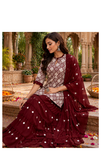 Maroon Elegant Embroidered Kurti With Flowy Sharara And Soft Net Dupatta Perfect For Festive And Wedding Looks 4