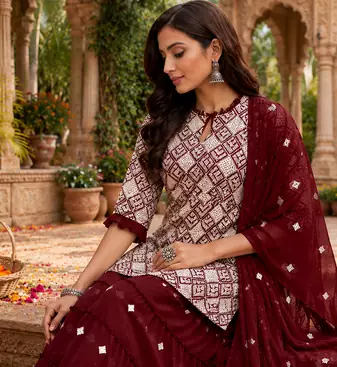 Maroon Elegant Embroidered Kurti With Flowy Sharara And Soft Net Dupatta Perfect For Festive And Wedding Looks