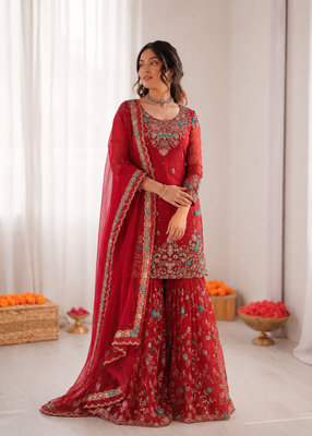 Red art silk thread sequin with sharara suit 1