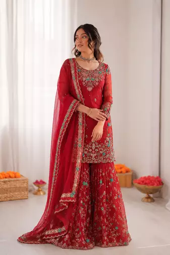 Red art silk thread sequin with sharara suit