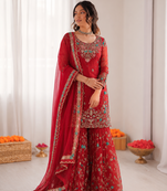 Red art silk thread sequin with sharara suit