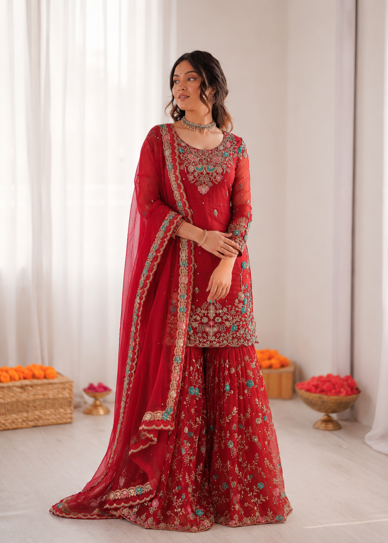 Red art silk thread sequin with sharara suit