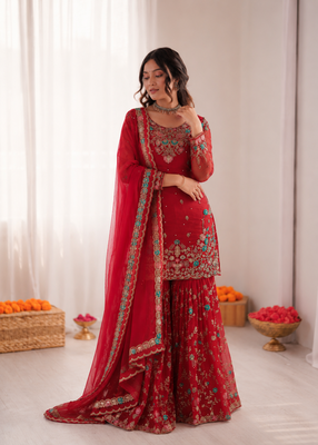 Red art silk thread sequin with sharara suit 2