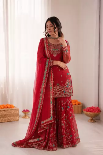 Red art silk thread sequin with sharara suit