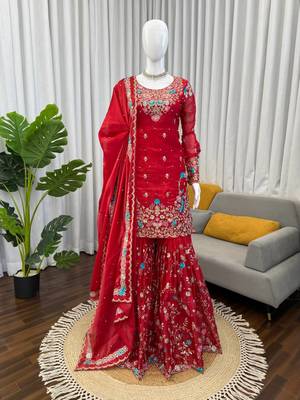 Red art silk thread sequin with sharara suit 3