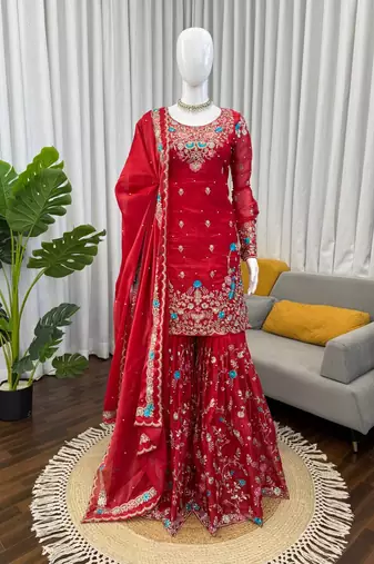Red art silk thread sequin with sharara suit