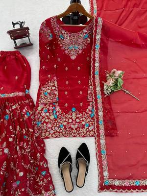 Red art silk thread sequin with sharara suit 4