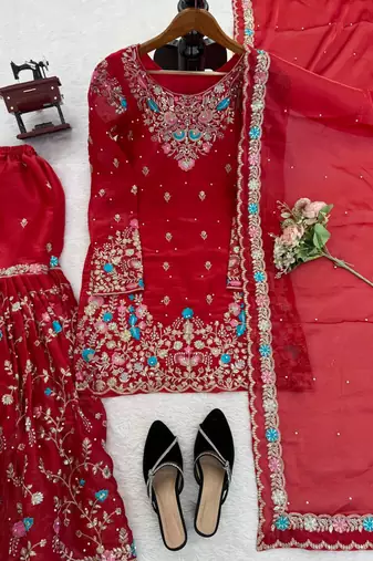 Red art silk thread sequin with sharara suit