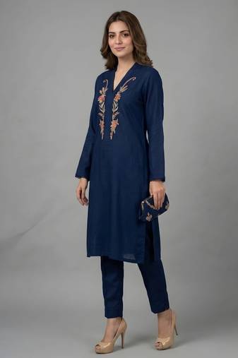 Blue embroidered rayon kurta set