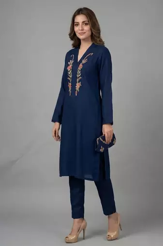 Blue embroidered rayon kurta set