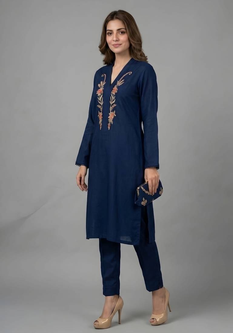 Blue embroidered rayon kurta set