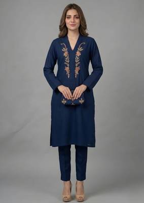 Blue embroidered rayon kurta set 3