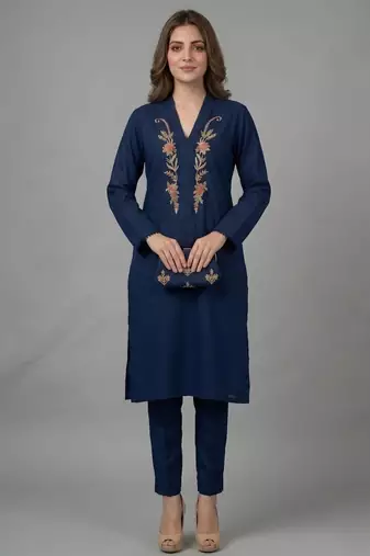 Blue embroidered rayon kurta set
