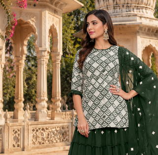 Green Graceful Sharara Set With Elegant Embroidery And Dreamy Royal Vibes Perfect For Festive Celebrations.