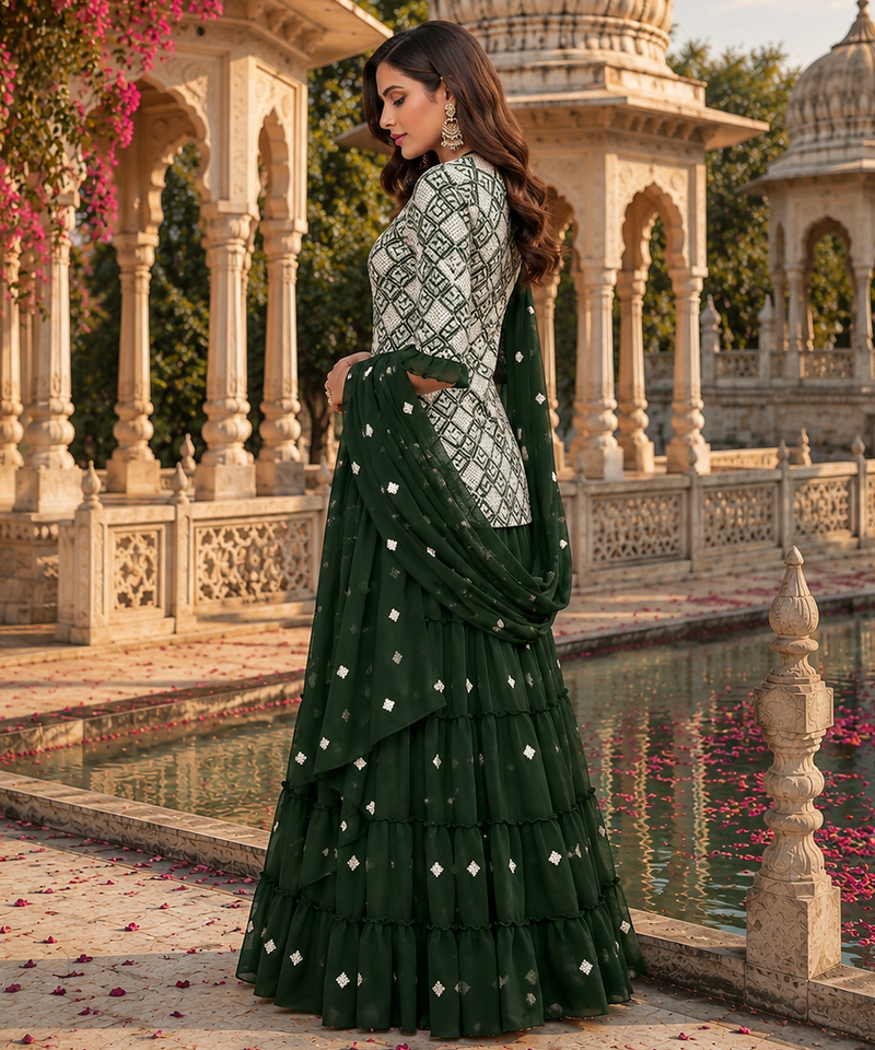 Green Graceful Sharara Set With Elegant Embroidery And Dreamy Royal Vibes Perfect For Festive Celebrations.