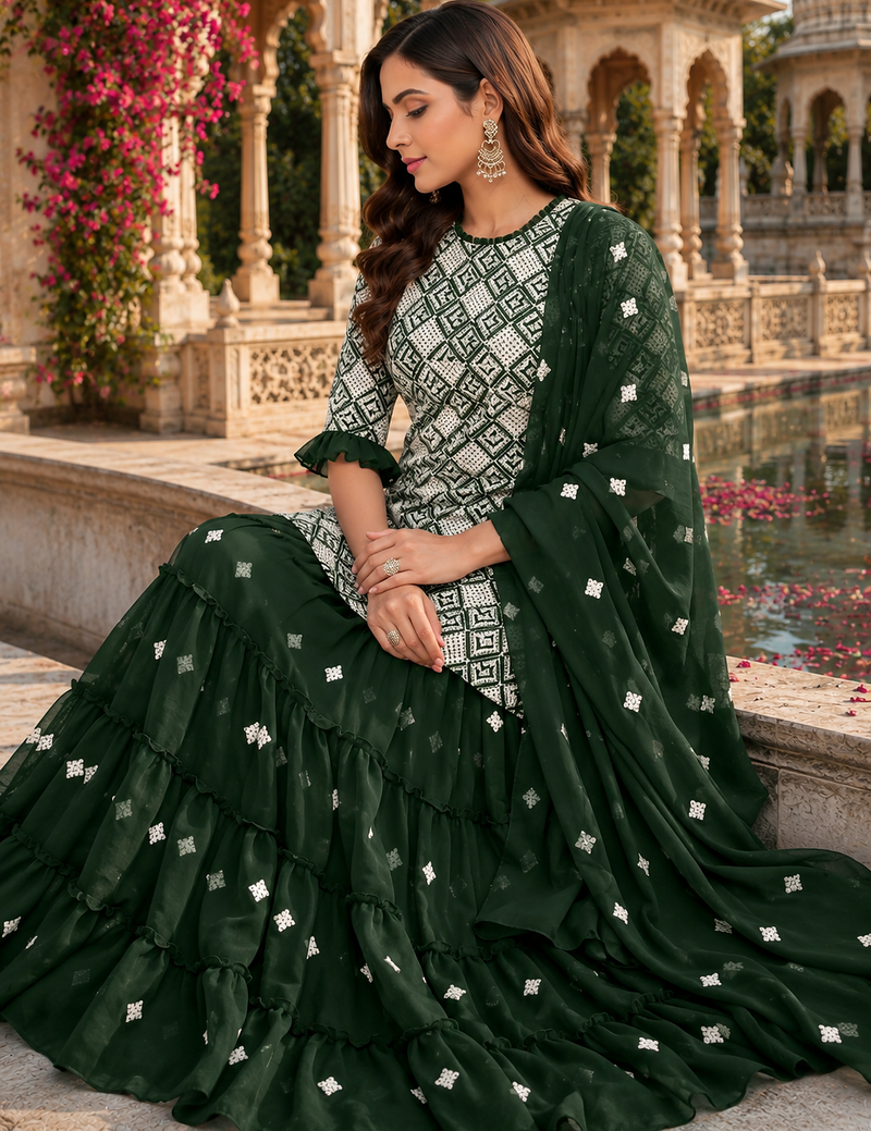 Green Graceful Sharara Set With Elegant Embroidery And Dreamy Royal Vibes Perfect For Festive Celebrations.