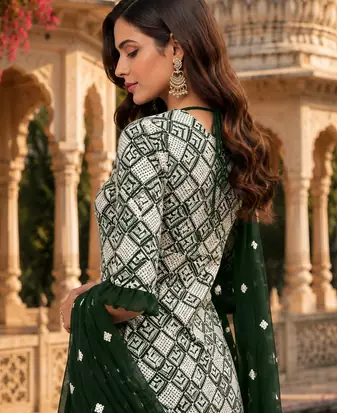 Green Graceful Sharara Set With Elegant Embroidery And Dreamy Royal Vibes Perfect For Festive Celebrations.