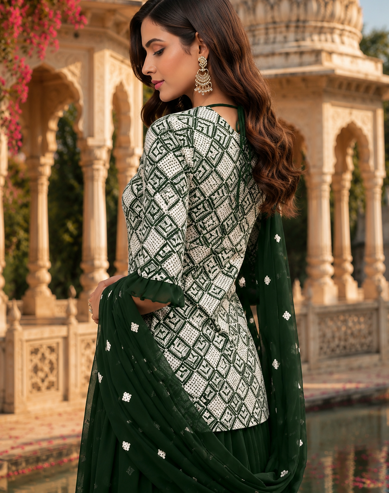 Green Graceful Sharara Set With Elegant Embroidery And Dreamy Royal Vibes Perfect For Festive Celebrations.