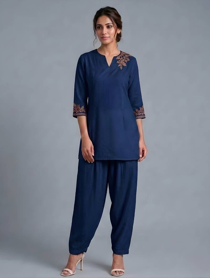 Blue embroidered rayon kurta set