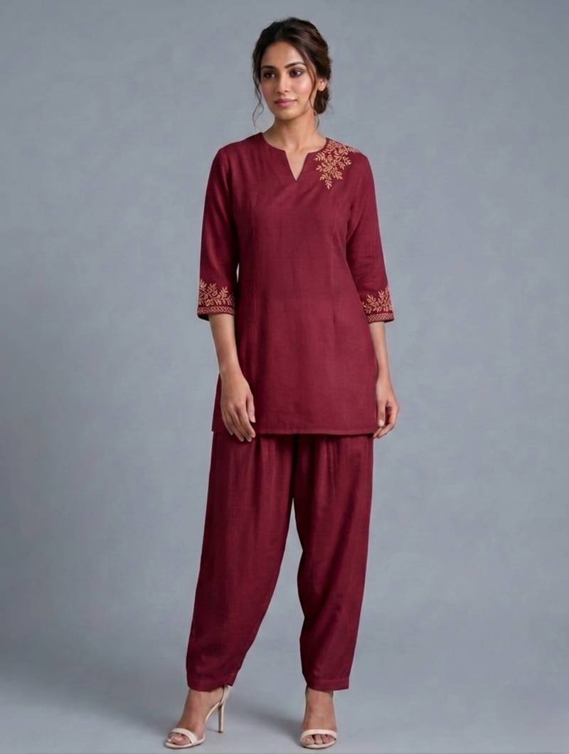 Maroon embroidered rayon kurta set