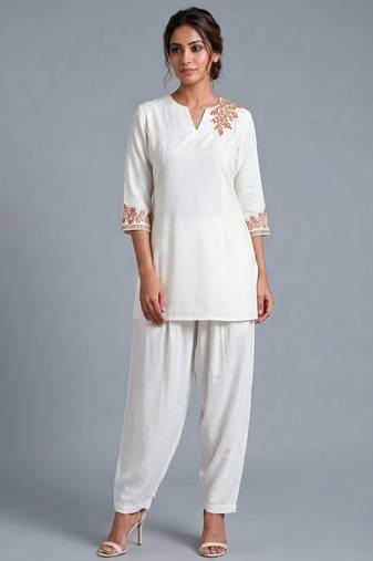 White embroidered rayon kurta set