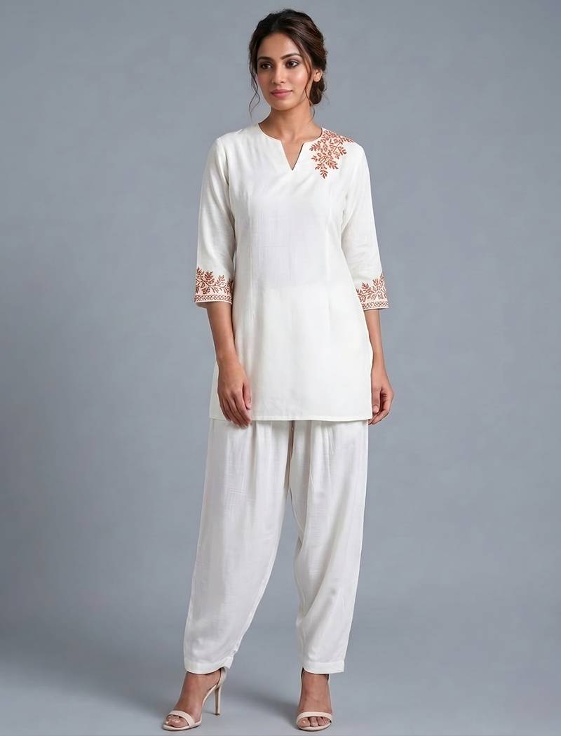 White embroidered rayon kurta set