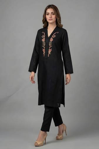 Black embroidered rayon kurta set