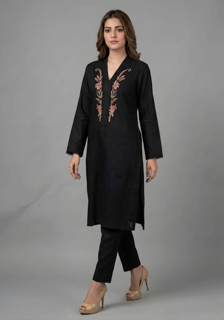 Black embroidered rayon kurta set