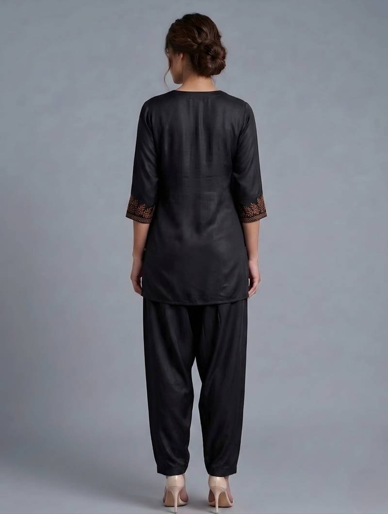 Black embroidered rayon kurta set