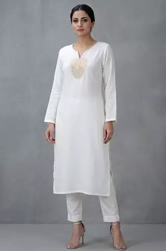 White embroidered rayon kurta set