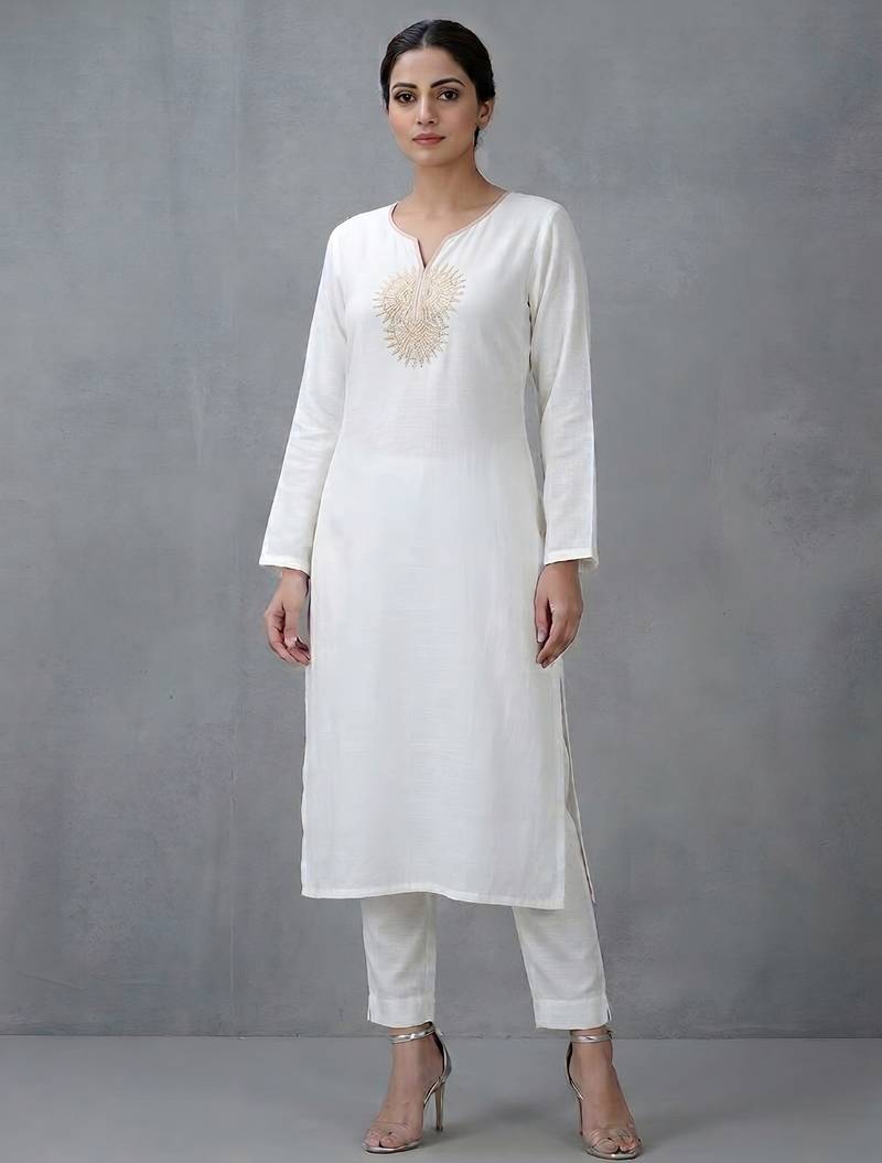 White embroidered rayon kurta set