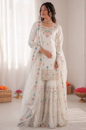 Off white art silk thread sequin with sharara suit