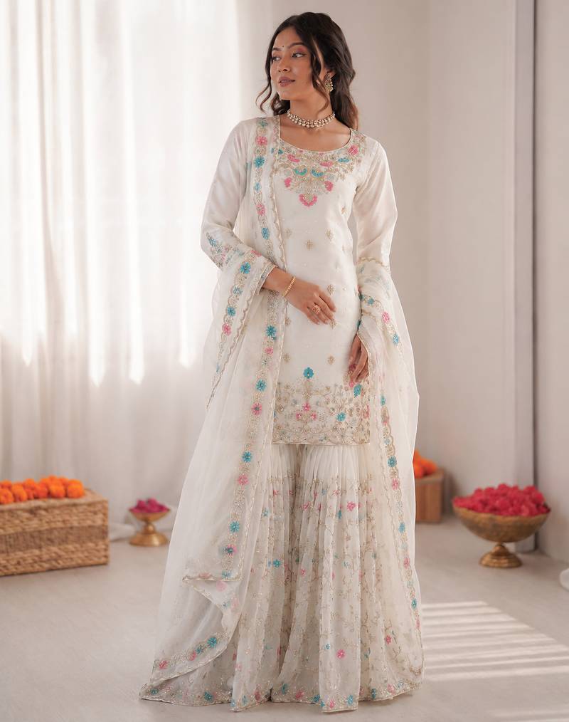 Off white art silk thread sequin with sharara suit