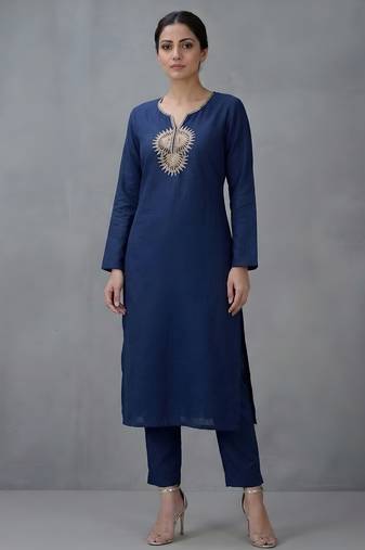Blue embroidered rayon kurta set