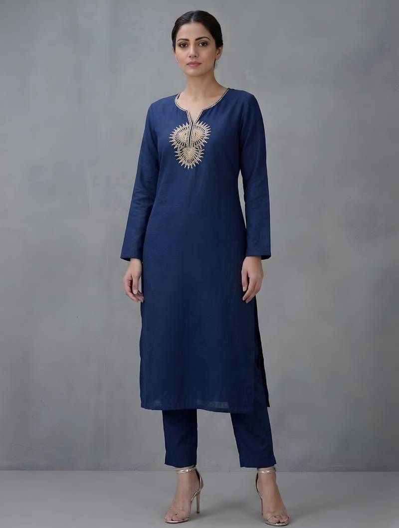 Blue embroidered rayon kurta set