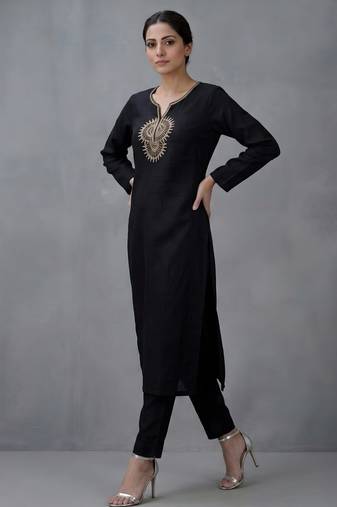 Black embroidered rayon kurta set