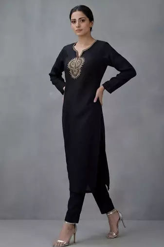 Black embroidered rayon kurta set