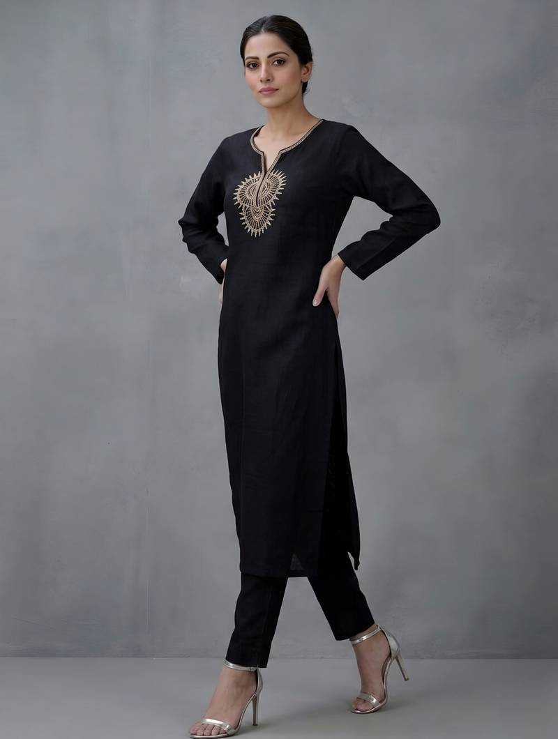 Black embroidered rayon kurta set