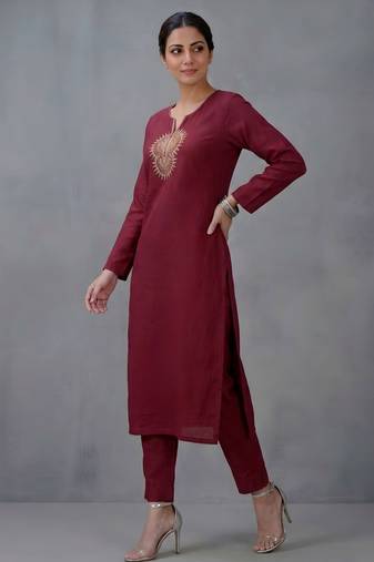 Maroon embroidered rayon kurta set