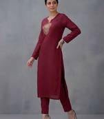 Maroon embroidered rayon kurta set