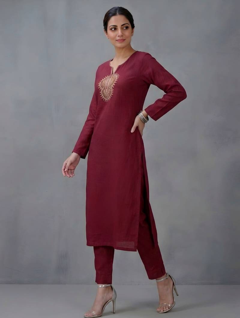 Maroon embroidered rayon kurta set