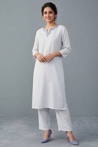 White embroidered rayon kurta set