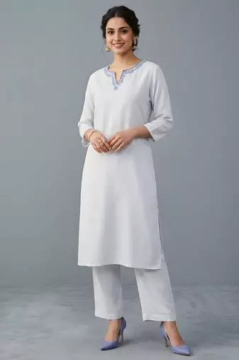 White embroidered rayon kurta set