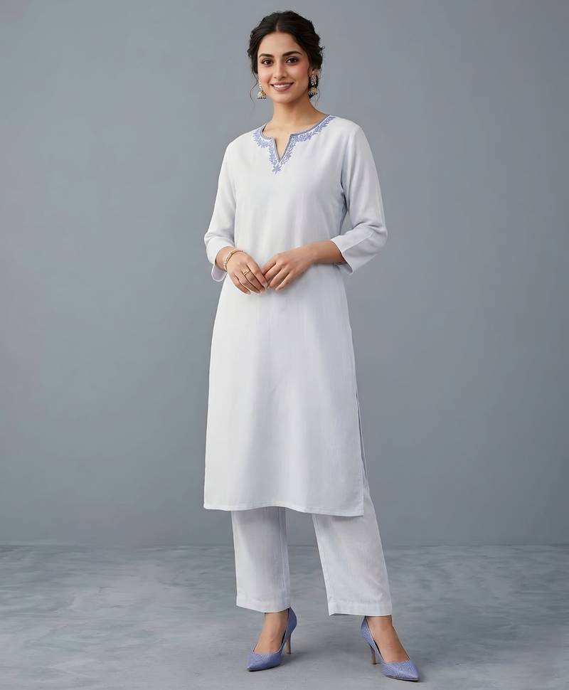White embroidered rayon kurta set