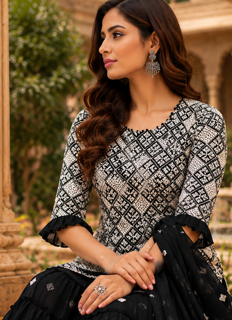 Black Sharara Set With Timeless Embroidery And Royal Palace Vibes  A Perfect Blend Of Grace And Glamour