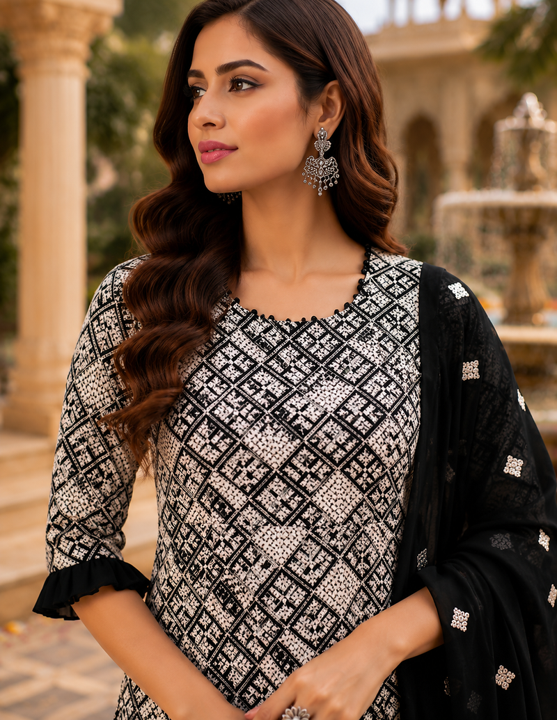 Black Sharara Set With Timeless Embroidery And Royal Palace Vibes  A Perfect Blend Of Grace And Glamour