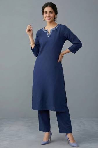 Blue embroidered rayon kurta set