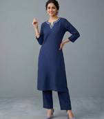 Blue embroidered rayon kurta set