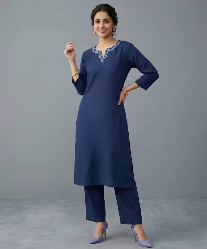 Blue embroidered rayon kurta set