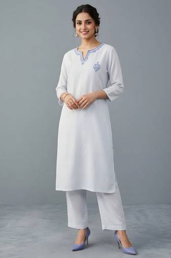 White embroidered rayon kurta set